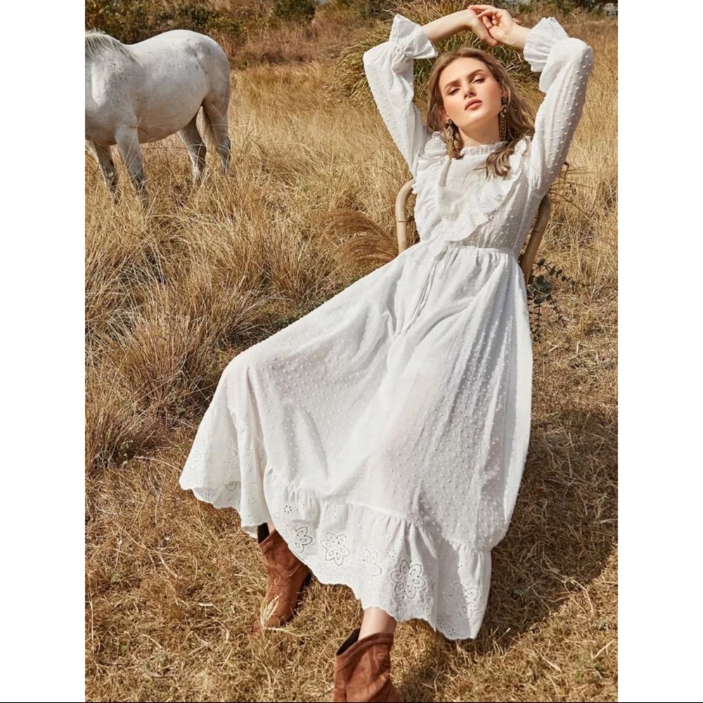 Bohemian schiffy ruffle trim Swiss dot dress